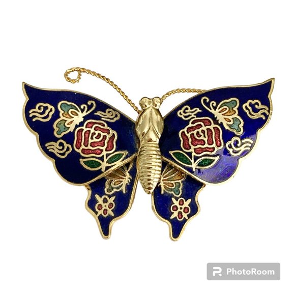 Vintage Cloisonne Butterfly Brooch Pin Flowers Blue Enamel Gold Plated Taiwan - Picture 1 of 12